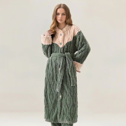 Colorblock Round Neck Plush Bathrobe Set - Green - XL - image 0