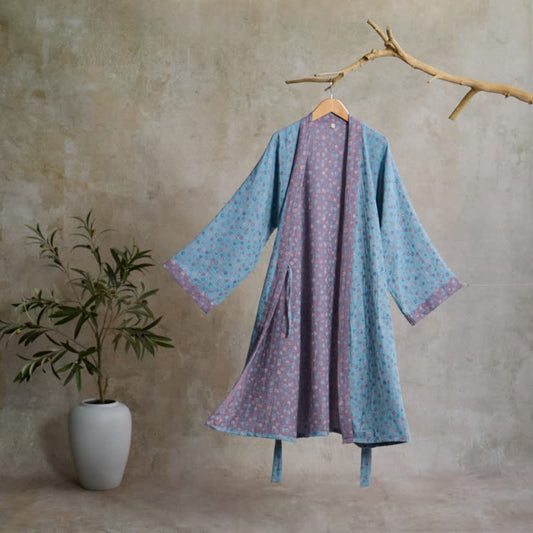 Rustic Floral Jacquard Cotton Kimono Robe - Blue - L - image 0