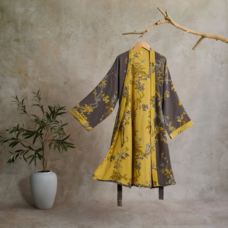 Vintage Floral Leaf Cotton Kimono Robe - Grey - L - image 0