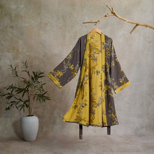 Vintage Floral Leaf Cotton Kimono Robe - Grey - L - image 0
