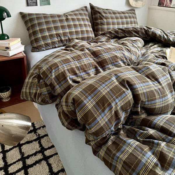 Classic Plaid Cotton Doona Covers Bedding Set - Brown - Bedding Set (4PCS) - King - image 0
