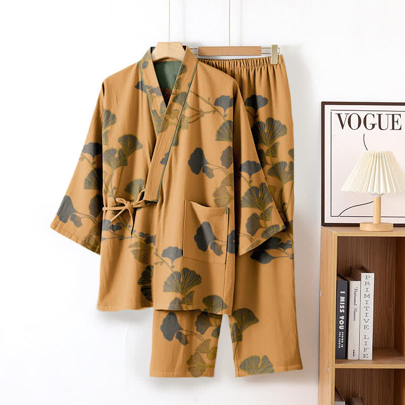 Large Ginkgo Leaf Cotton Kimono Pajamas - Yellow - XL - image 12