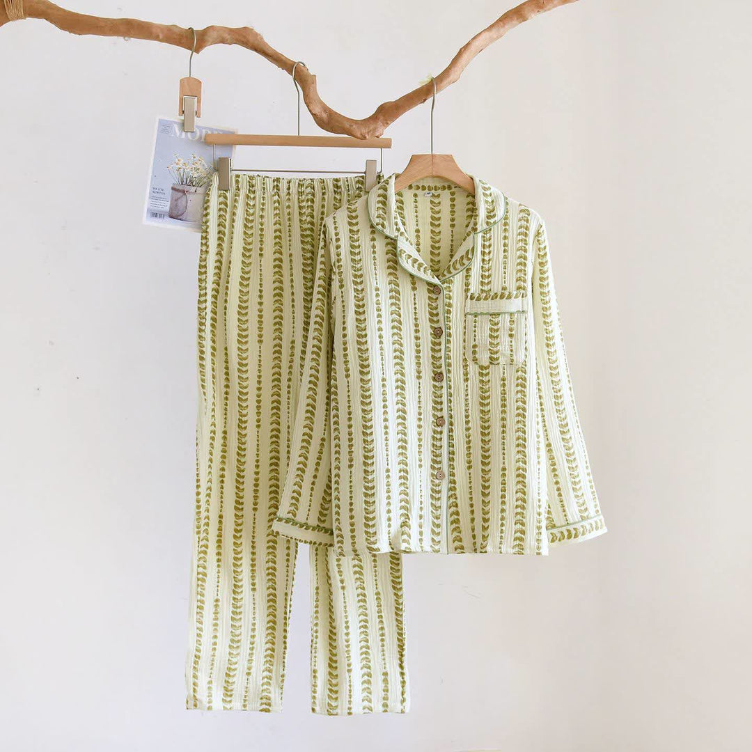 FLeaf Stripe Print Cotton Loungewear Set - Green - 2XL - image 0