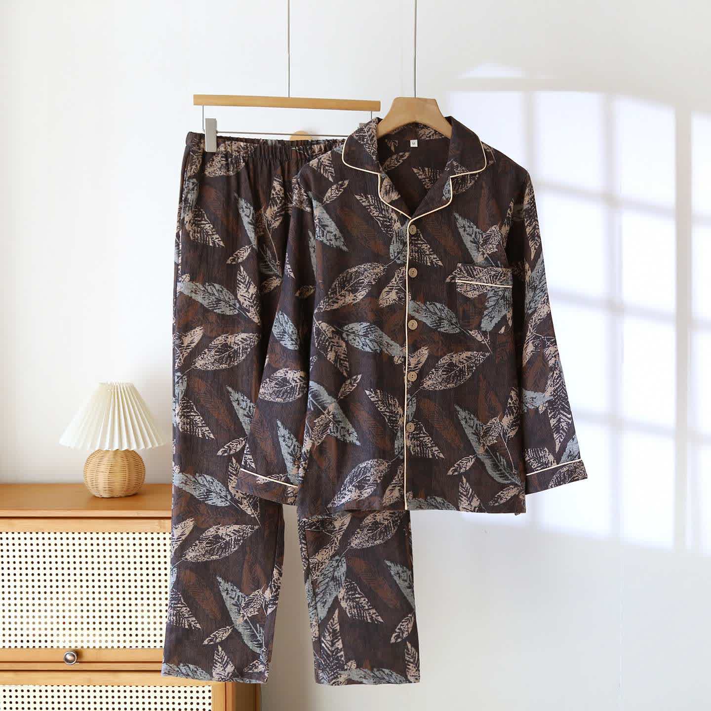 Artistic Leaf Jacquard Cotton Gauze Loungewear - Black - XXL - image 0