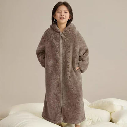 Solid Hooded Zip-up Plush Child Robe - Coffee - Child:170cm - image 9