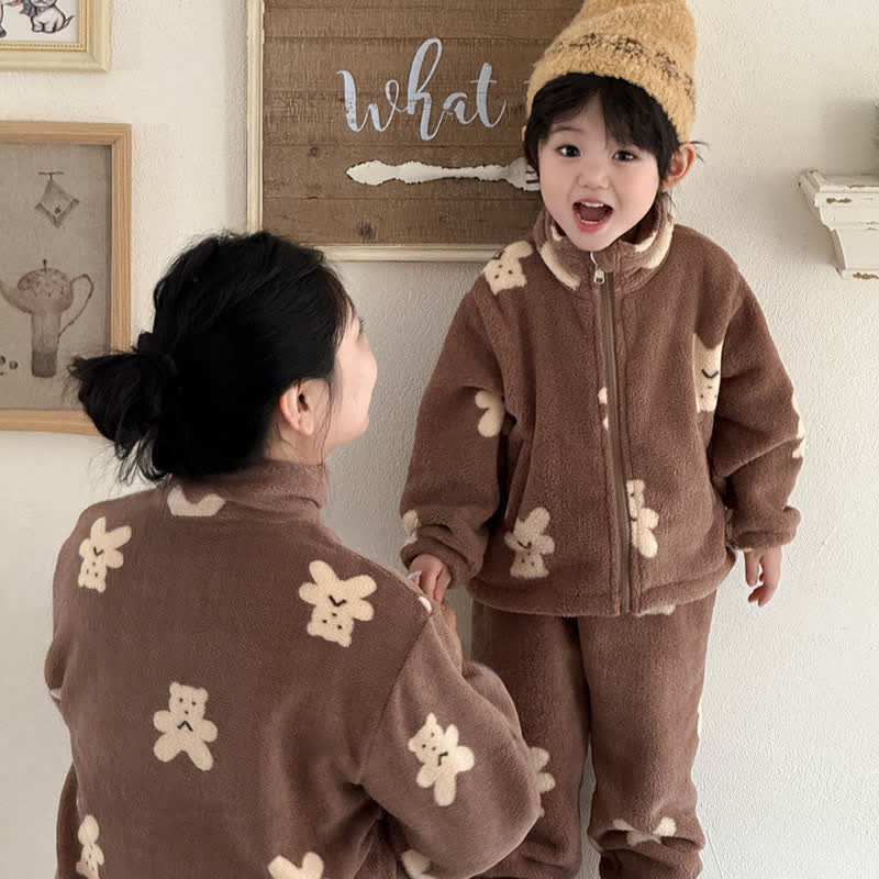 Bear Pattern Zip-up Child Loungewear Set - Coffee - Adult:L - image 0