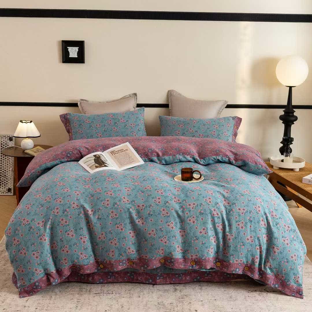 Rustic Floral Cotton Double Gauze Bedding Set(4PCS) - King - image 0