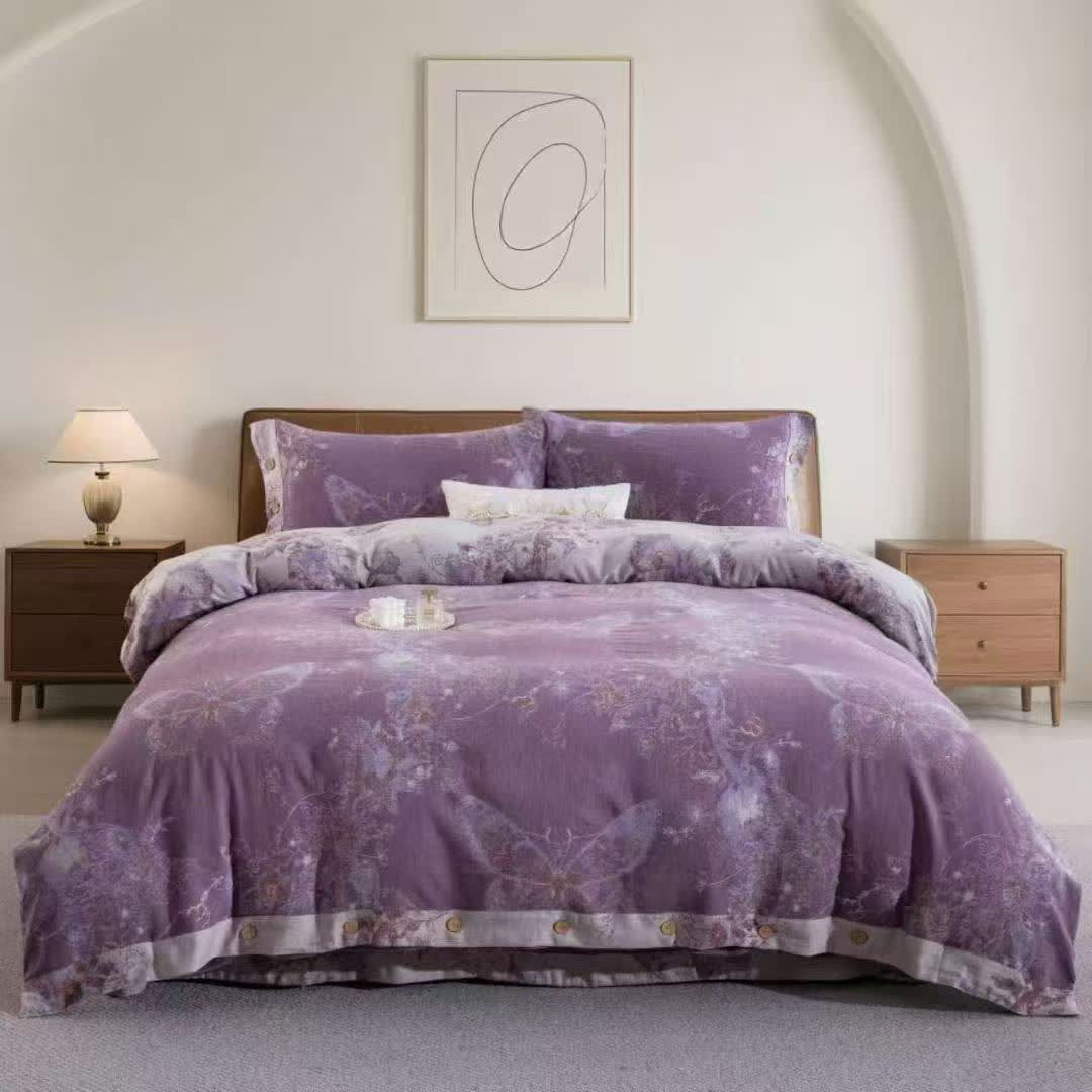Dreamy Butterfly Cotton Double Gauze Bedding Set(4PCS) - Purple - King - image 0