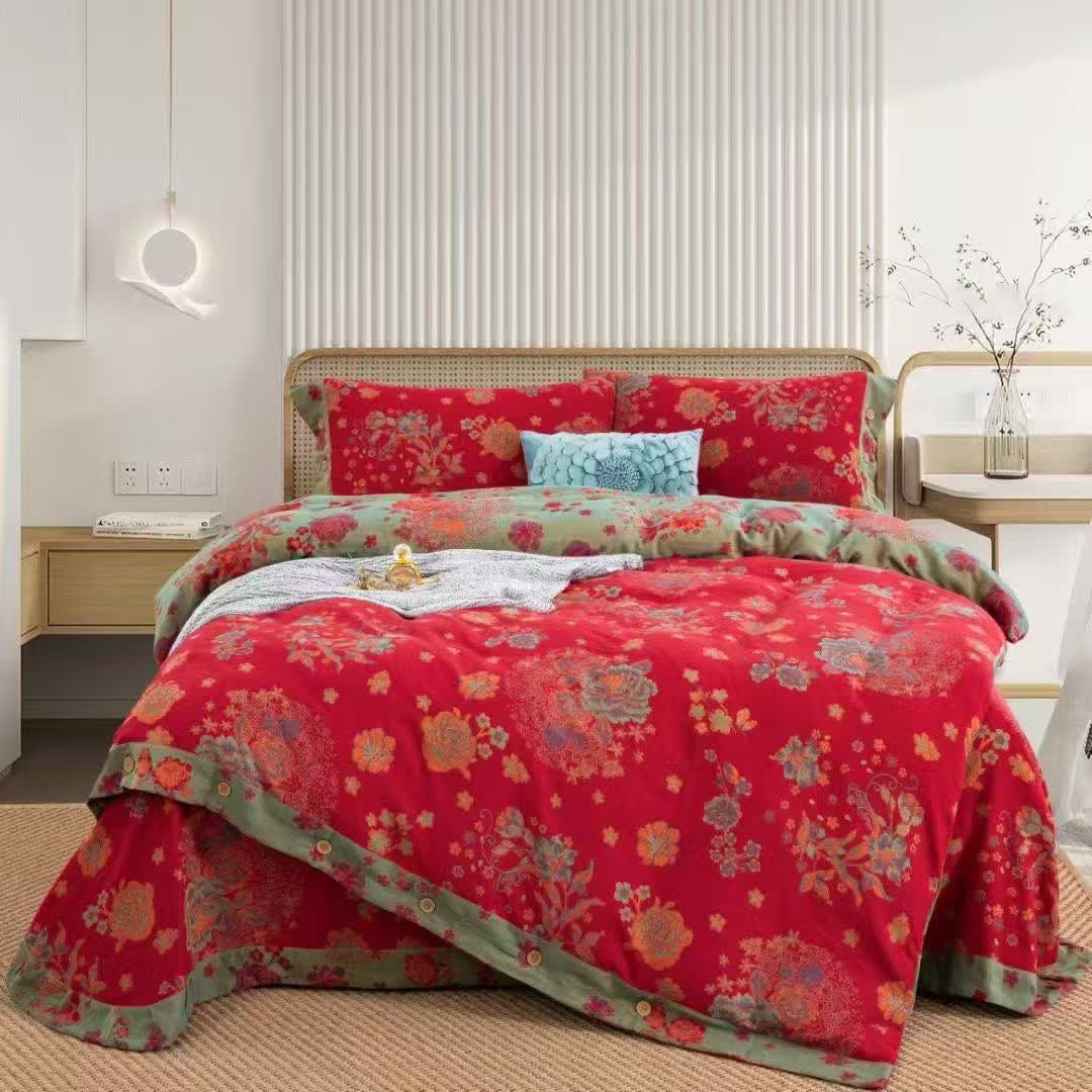 Peony Cotton Gauze Button Bedding Set(4PCS) - Red  - King - image 0