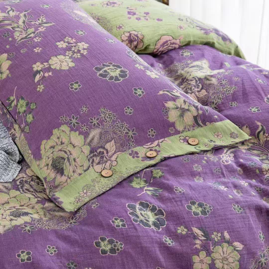 Peony Cotton Gauze Button Bedding Set(4PCS) - image 5