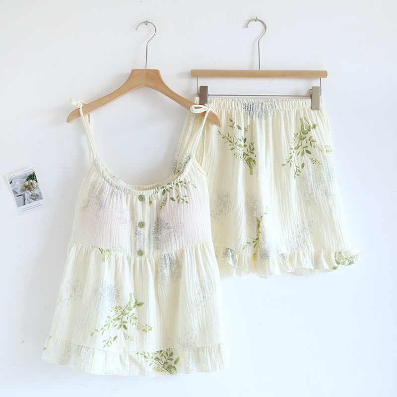 Leaf Print Camisole Cotton Pajama Set - Green - XL - image 0