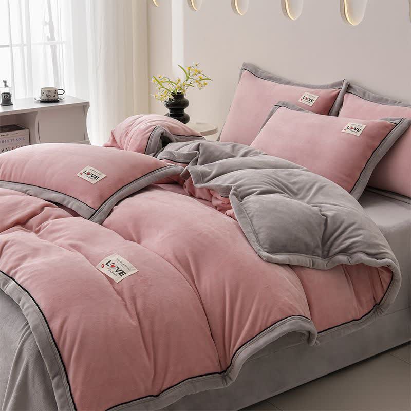 Reversible Warm Plush Bedding Set(4PCS) - Pink + Light Gray - King - image 8