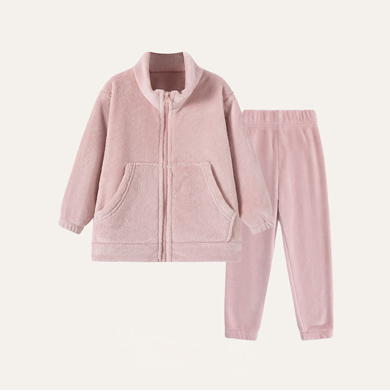 Solid Plush Zip-up Child Loungewear Set - Pink - Child:170cm - image 0