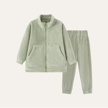 Solid Plush Zip-up Child Loungewear Set - Green - Child:170cm - image 2