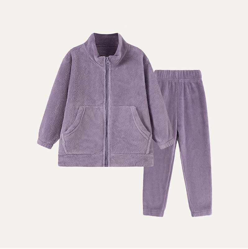 Solid Plush Zip-up Child Loungewear Set - Purple - Child:170cm - image 9