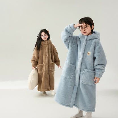 Solid Color Hooded Button Child Bathrobe - image 2