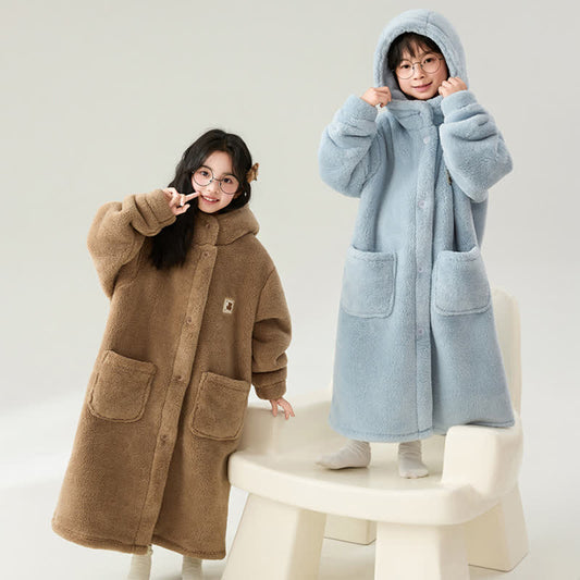 Solid Color Hooded Button Child Bathrobe - image 0