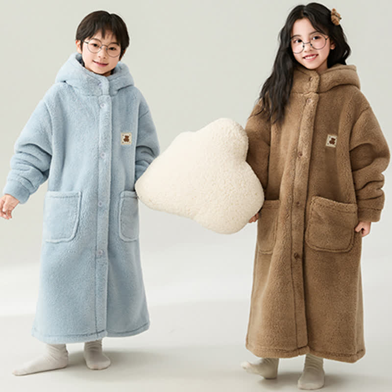 Solid Color Hooded Button Child Bathrobe - image 3
