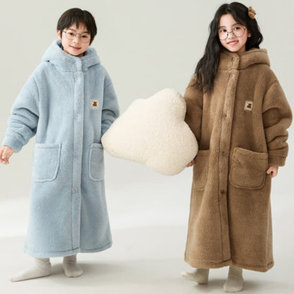 Solid Color Hooded Button Child Bathrobe - image 3