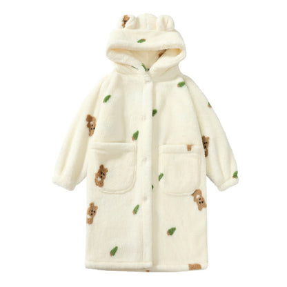 Bear Ear Hooded Button Plush Child Robe - White - Child:160-170cm - image 7
