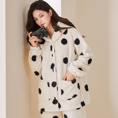 Polka Dot Hooded Plush Loungewear Set - White - 2XL - image 0