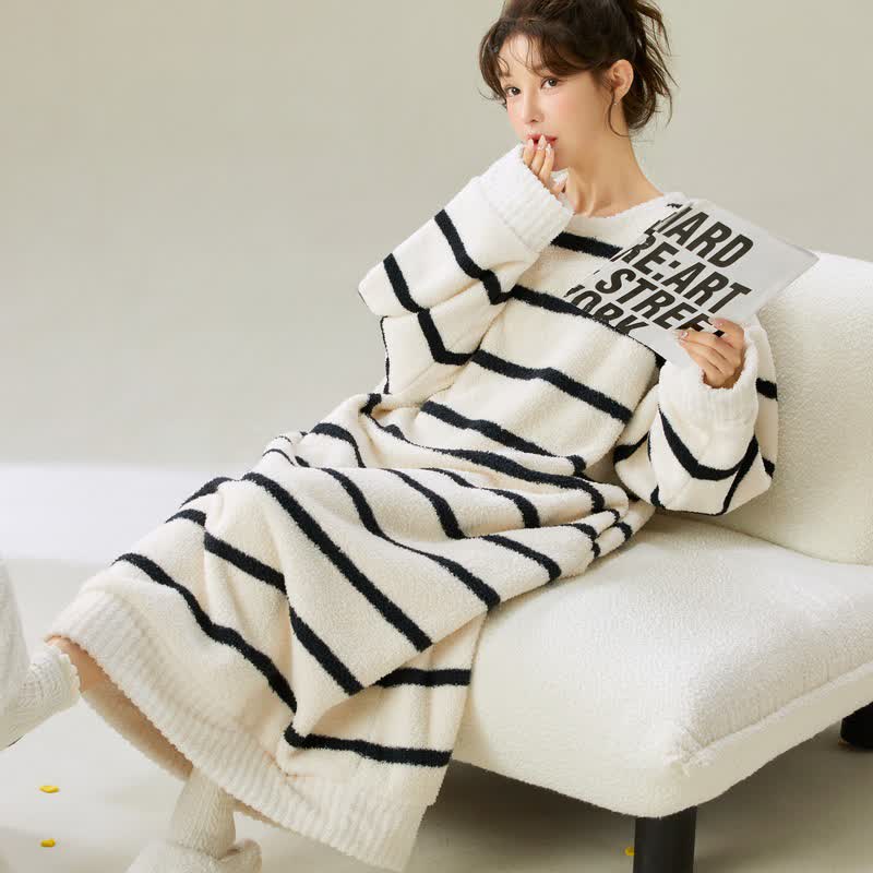 Round Neck Striped Plush Nightgown - image 4