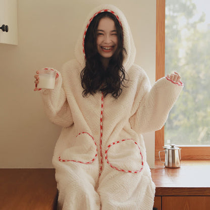 Stripe Textured Hooded Button Plush Robe - Beige - XL - image 0