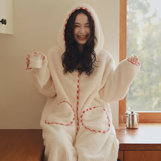 Stripe Textured Hooded Button Plush Robe - Beige - XL - image 0