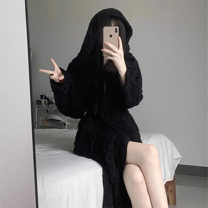 Fluffy Minimalist Black Hooded Robe - image 1