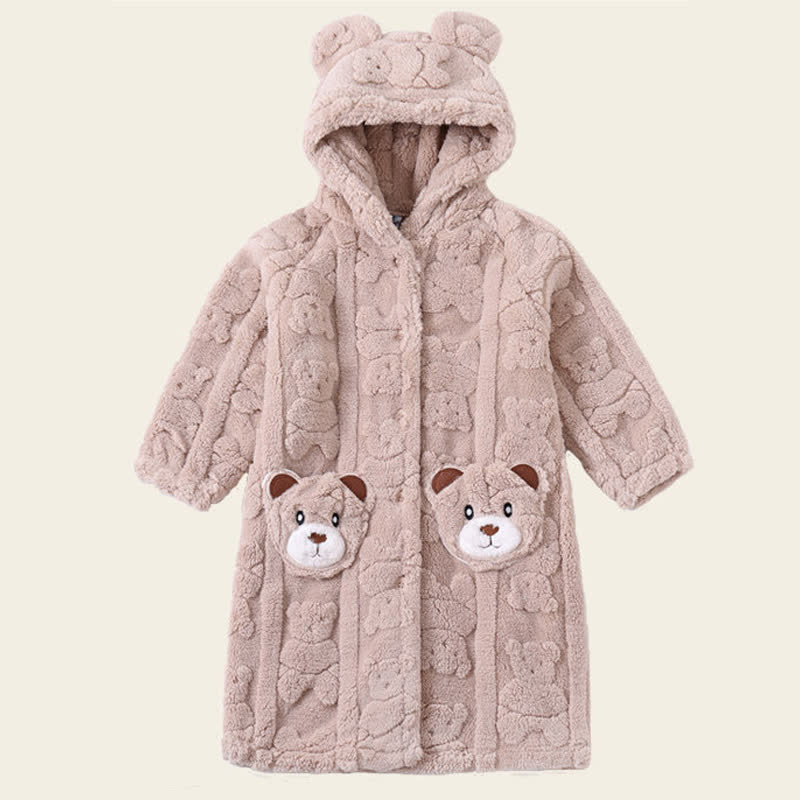 Bear-Ear Hooded Button Plush Child Robe - Khaki - Bathrobe - Child:170-180cm - image 8