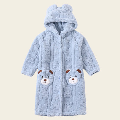 Bear-Ear Hooded Button Plush Child Robe - Blue - Bathrobe - Child:170-180cm - image 12