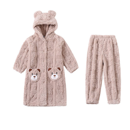 Bear-Ear Hooded Button Plush Child Robe - Khaki - Bathrobe with pants - Child:170-180cm - image 7