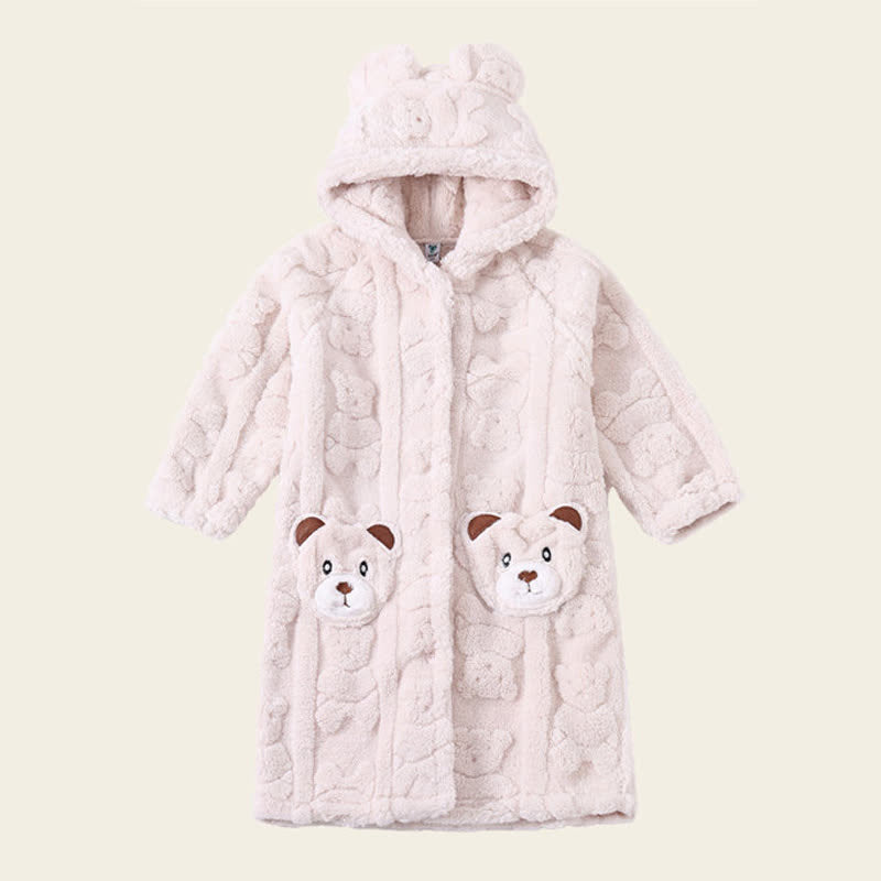 Bear-Ear Hooded Button Plush Child Robe - White - Bathrobe - Child:170-180cm - image 10