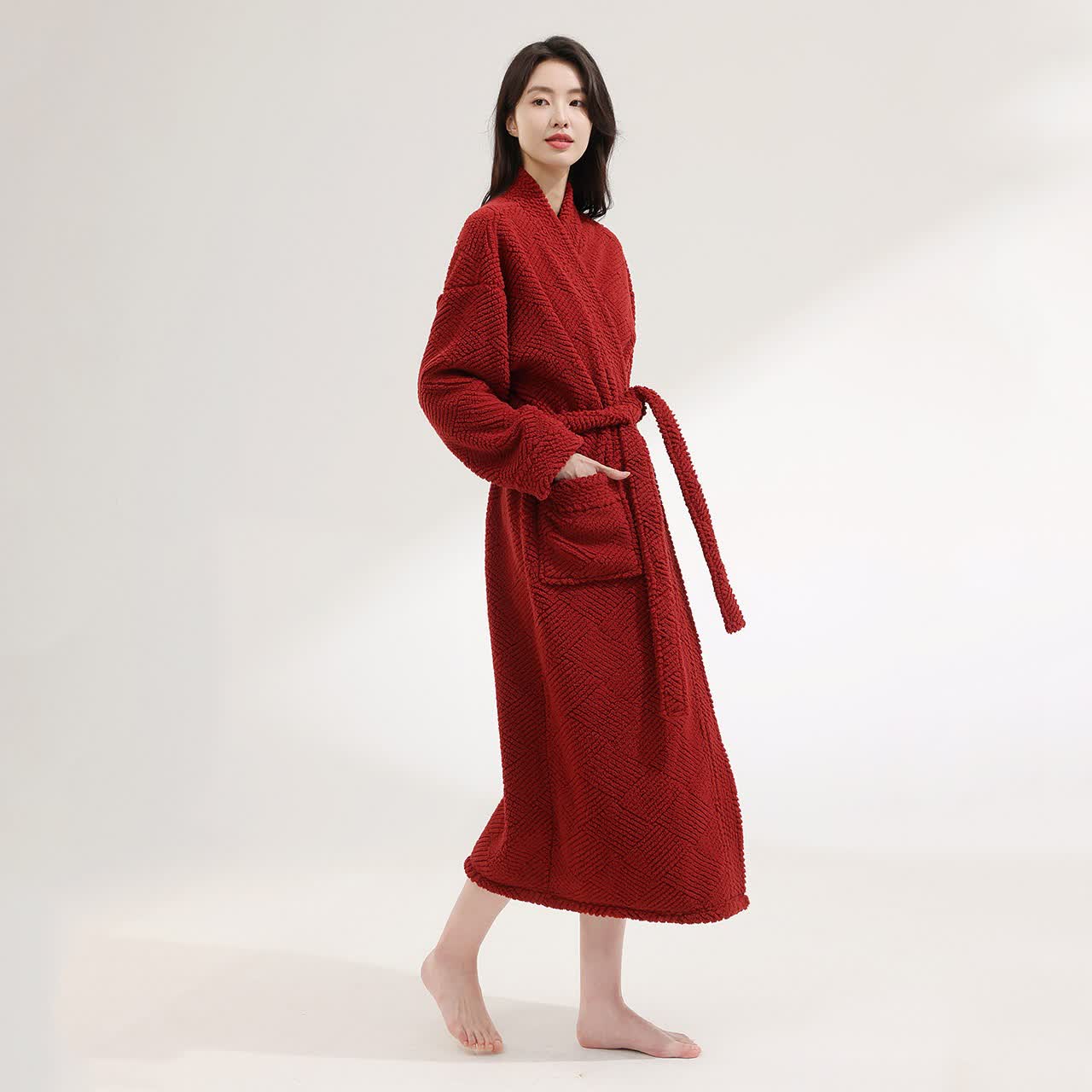 Striped Diamond Textured Plush Robe - Wine - Bathrobe - 2XL - image 3