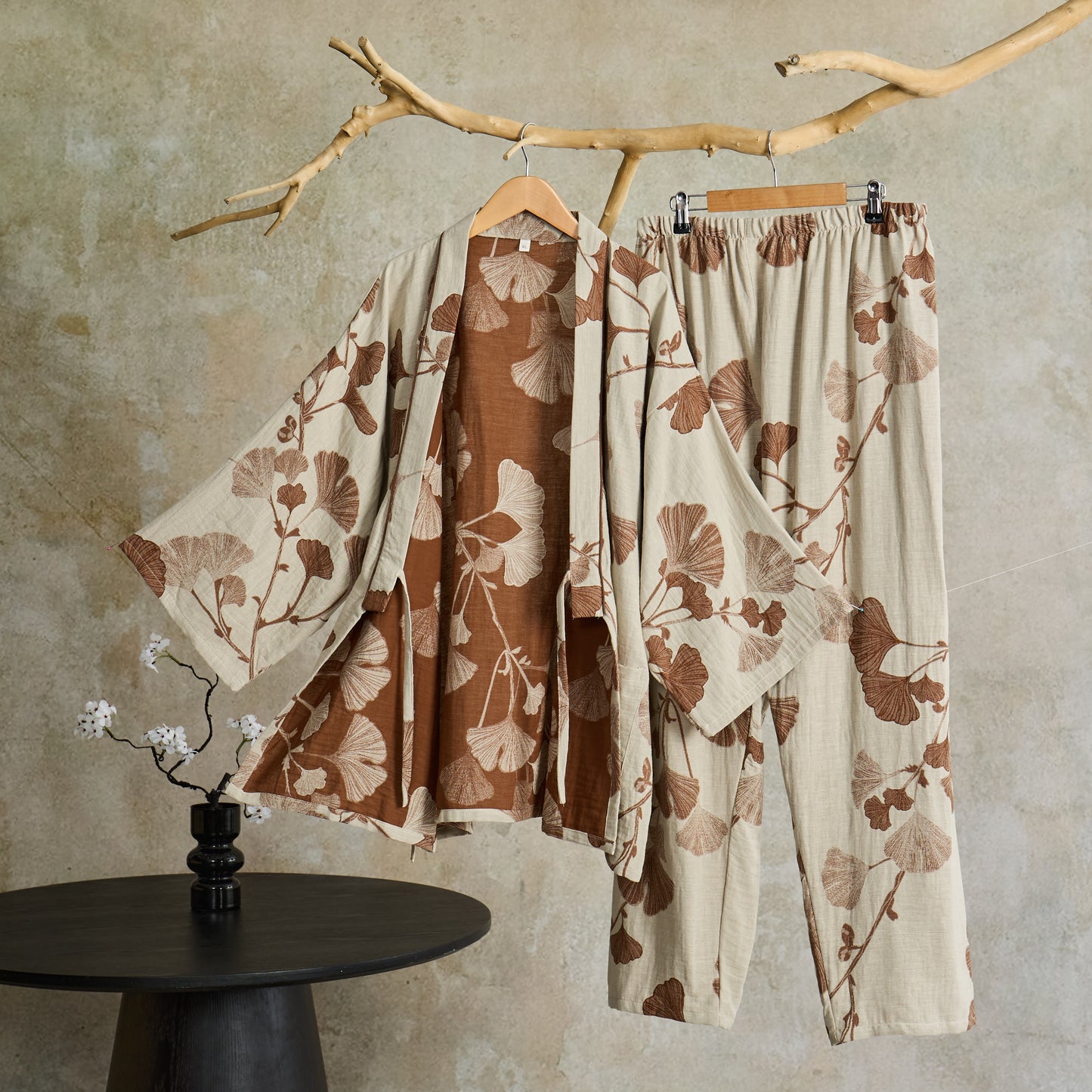 Large Ginkgo Leaf Cotton Kimono Pajamas - Beige - XL - image 6