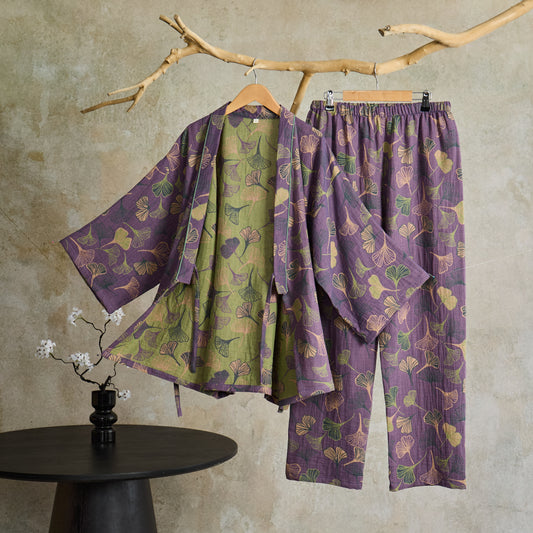 Ownkoti Ginkgo Cotton Gauze Kimono Loungewear Set - Purple - XL - image 0