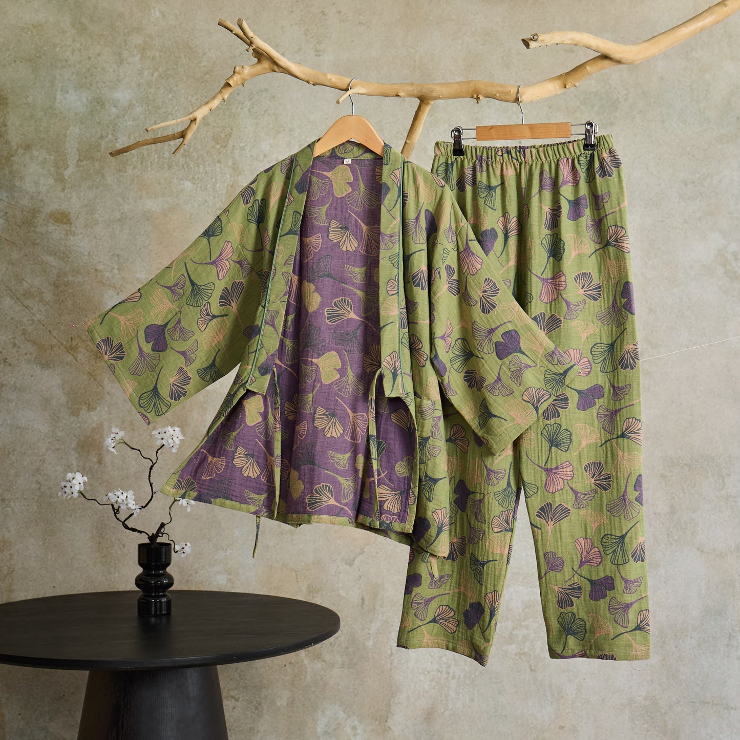 Ownkoti Ginkgo Cotton Gauze Kimono Loungewear Set - Light Green - XL - image 1