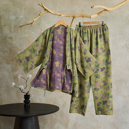 Ownkoti Ginkgo Cotton Gauze Kimono Loungewear Set - Light Green - XL - image 1