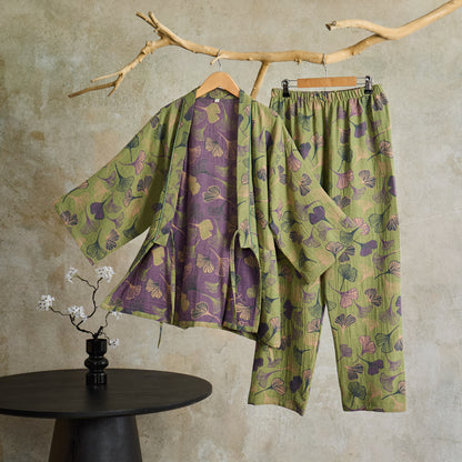 Ownkoti Ginkgo Cotton Gauze Kimono Loungewear Set - Light Green - XL - image 1