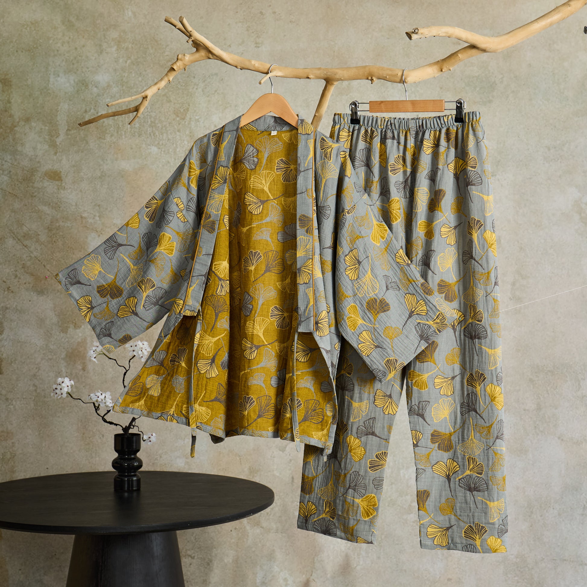 Ownkoti Ginkgo Cotton Gauze Kimono Loungewear Set - Light Gray - XL - image 11