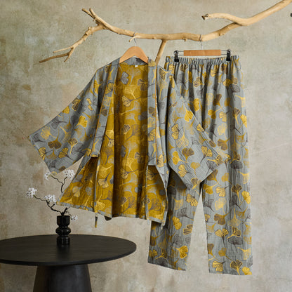 Ownkoti Ginkgo Cotton Gauze Kimono Loungewear Set - Light Gray - XL - image 11
