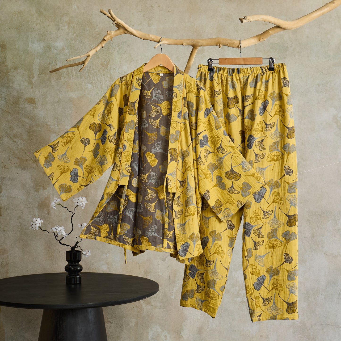 Ownkoti Ginkgo Cotton Gauze Kimono Loungewear Set - Light Yellow - XL - image 5