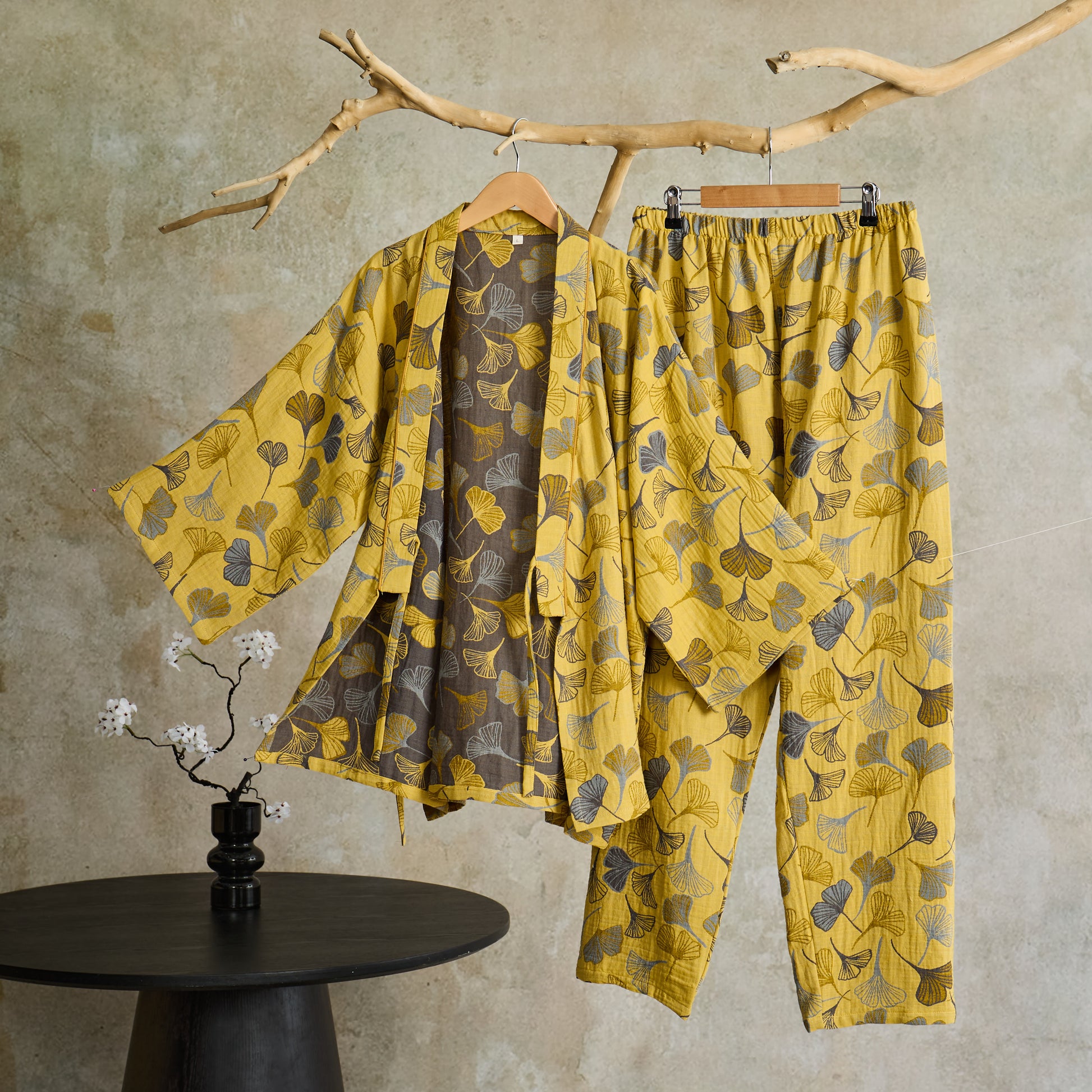 Ownkoti Ginkgo Cotton Gauze Kimono Loungewear Set - Light Yellow - XL - image 5
