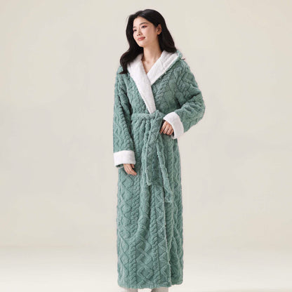 Jacquard Hooded Plush Warm Bathrobe - Green - XL - image 4