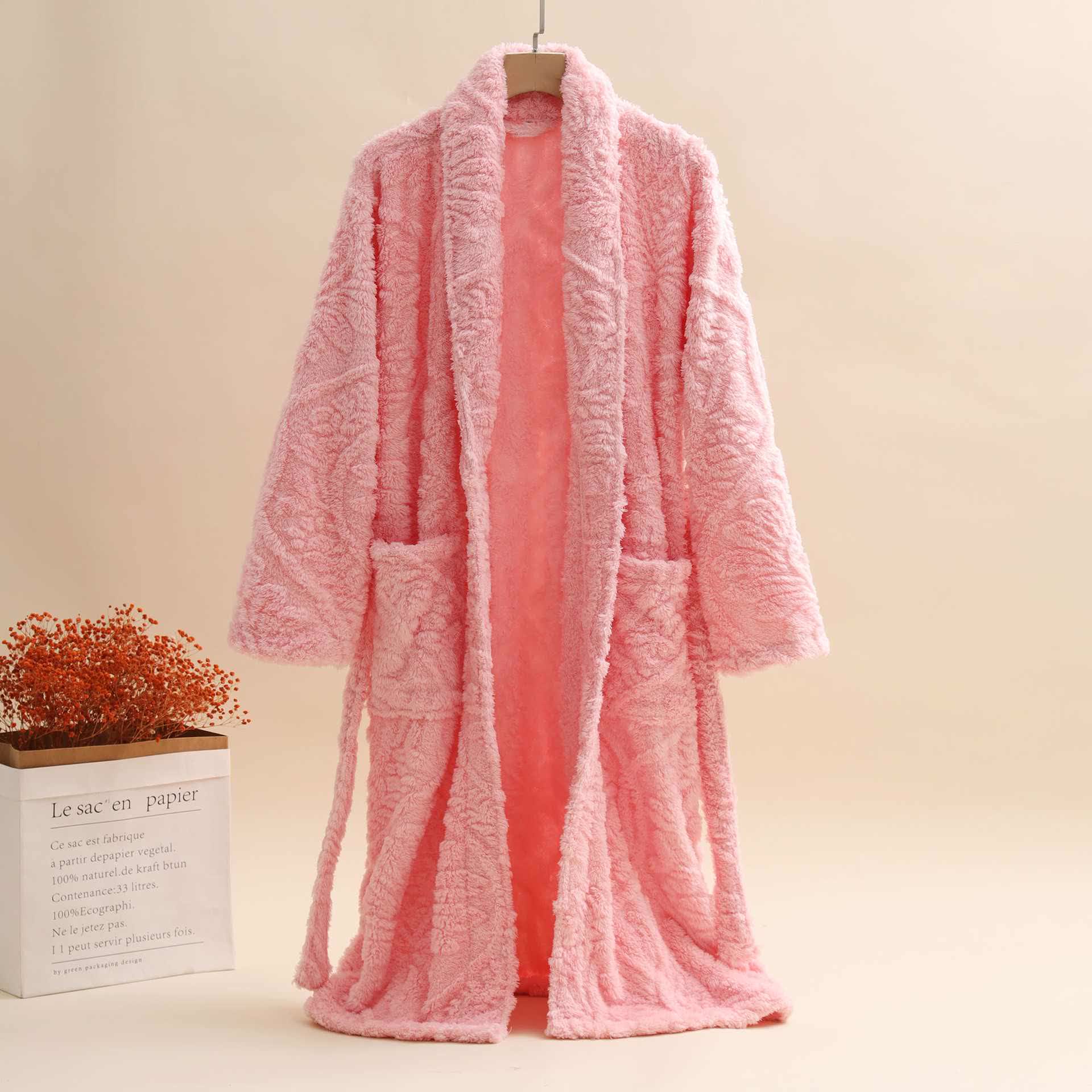 Unisex Retro Jacquard Plush Warm Bathrobe - Pink - XL - image 3