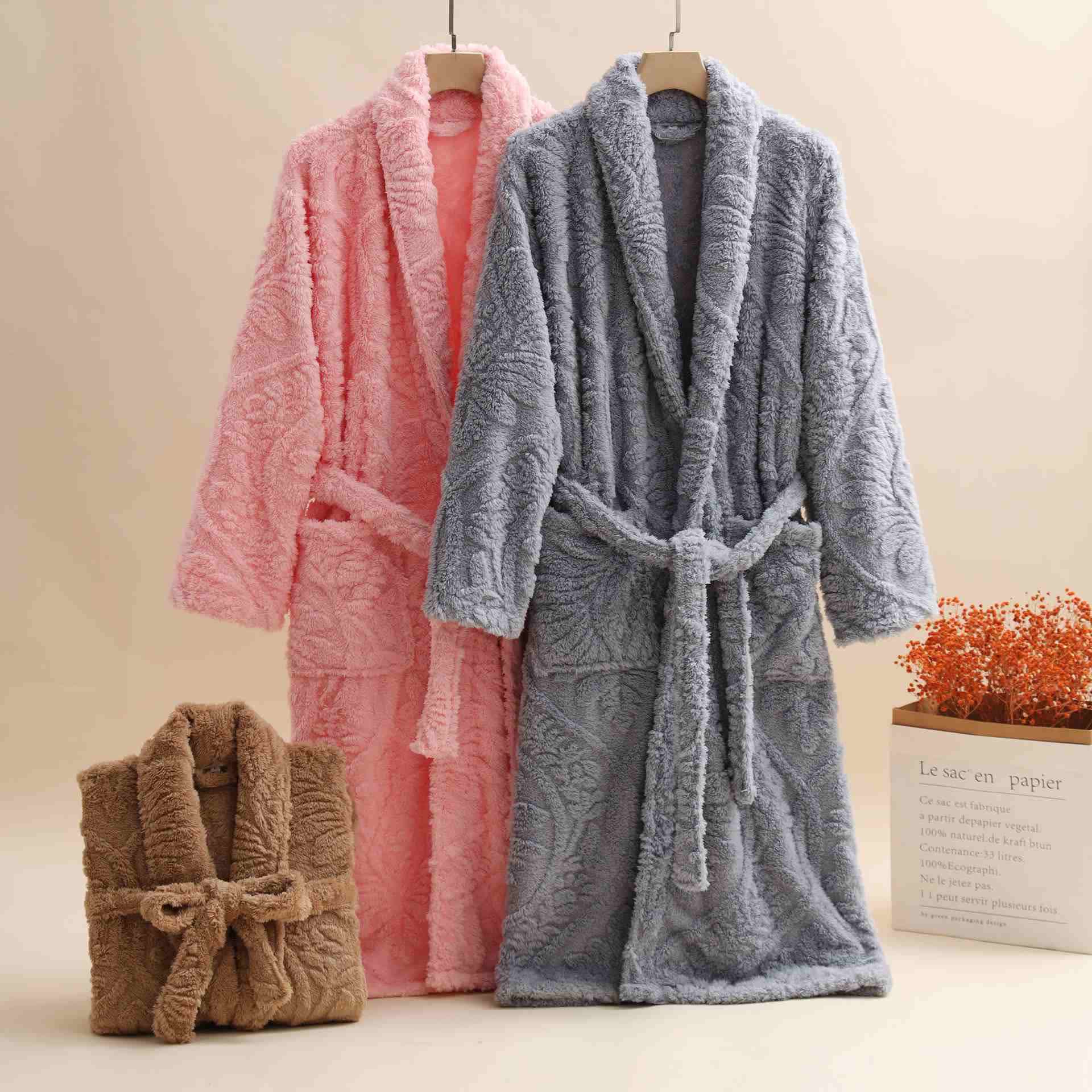Unisex Retro Jacquard Plush Warm Bathrobe - image 1