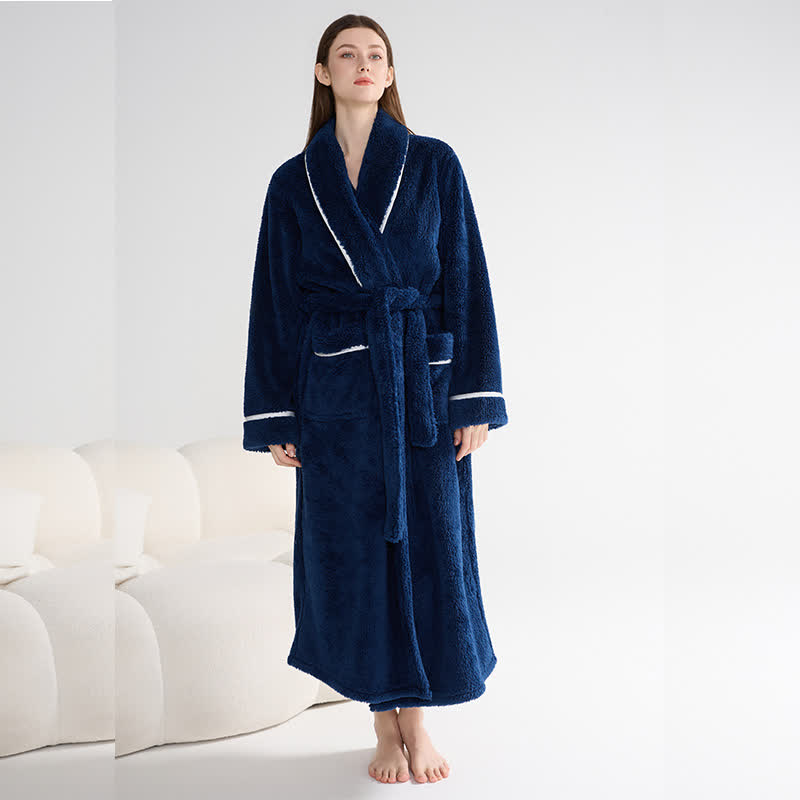 Unisex Plush Solid Warm Long Robe - Navy Blue - XL - image 8