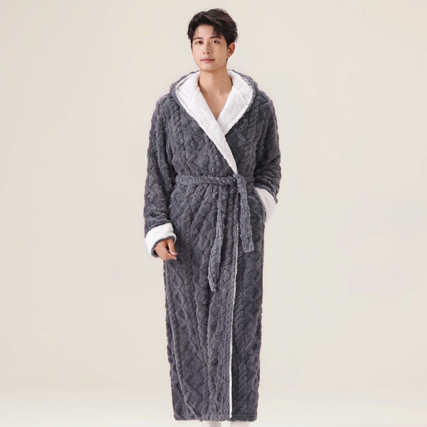 Jacquard Hooded Plush Warm Bathrobe - image 1