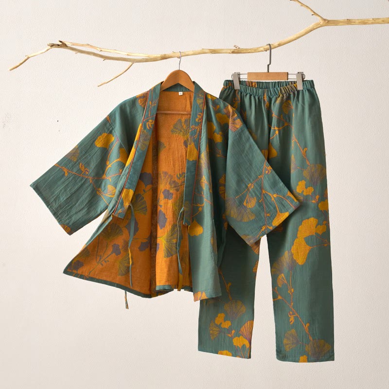 Large Ginkgo Leaf Cotton Kimono Pajamas - Green & Yellow - XL - image 1