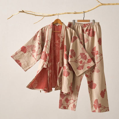 Large Ginkgo Leaf Cotton Kimono Pajamas - Beige & Pink - XL - image 4